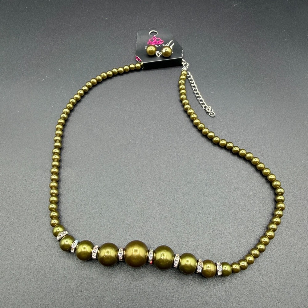 Paparazzi Olive Green Faux Pearl Rhinestone Necklace & Earrings Statement Set
